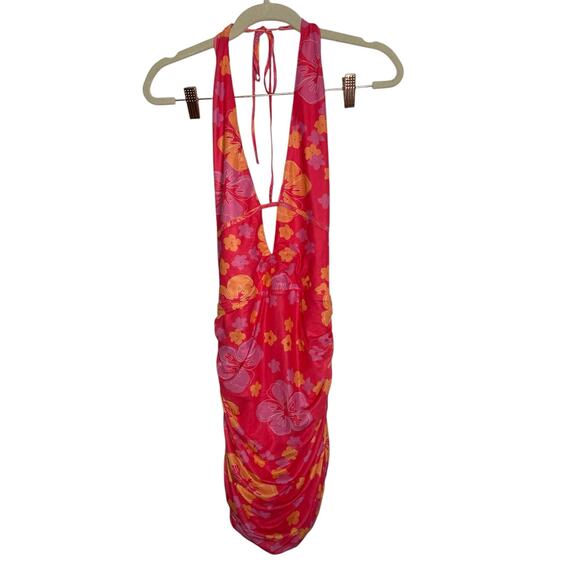 Superdown Petriana Mini Dress Halter Neck Ruched Floral Stretchy Neon Small - Picture 4 of 10